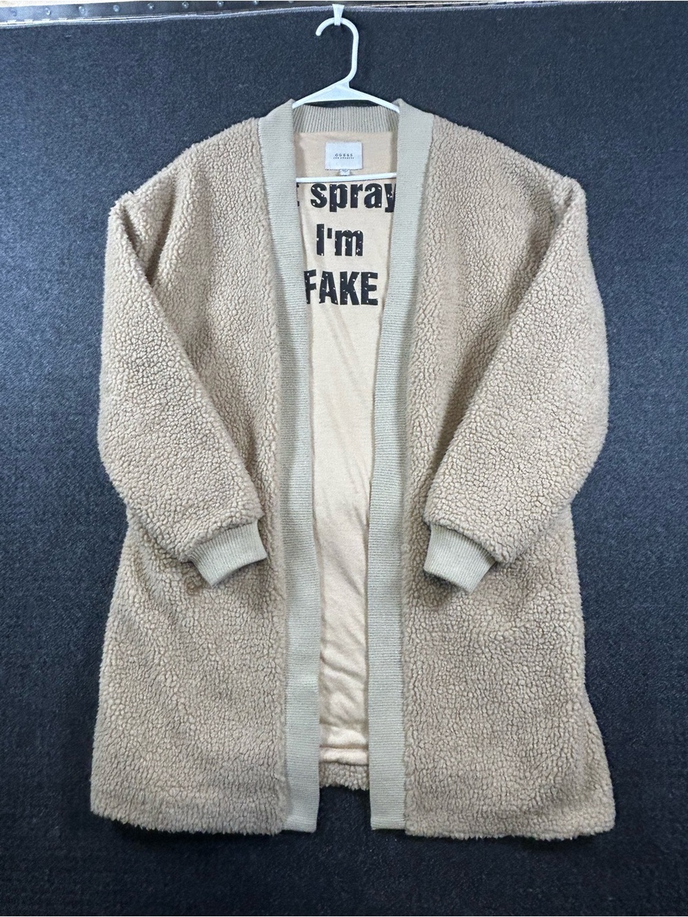Guess Jacket S Dont Spray Me Im Fake Teddy Bear Tan Faux Sherpa Animal Rights